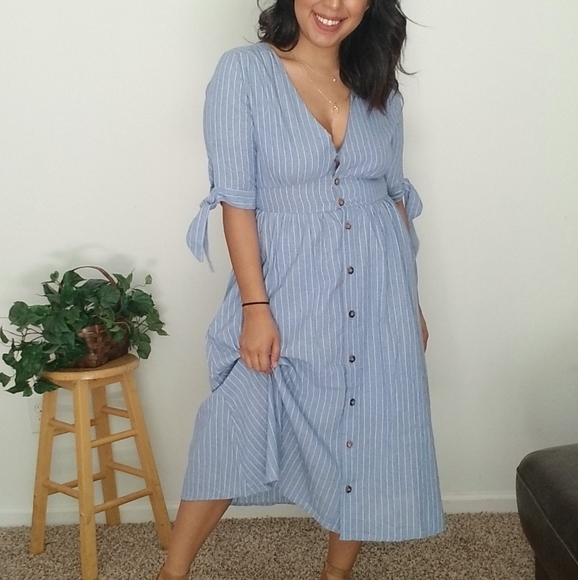QUITE SMITTEN DENIM BLUE STRIPED DRESS - Picture 2 of 9